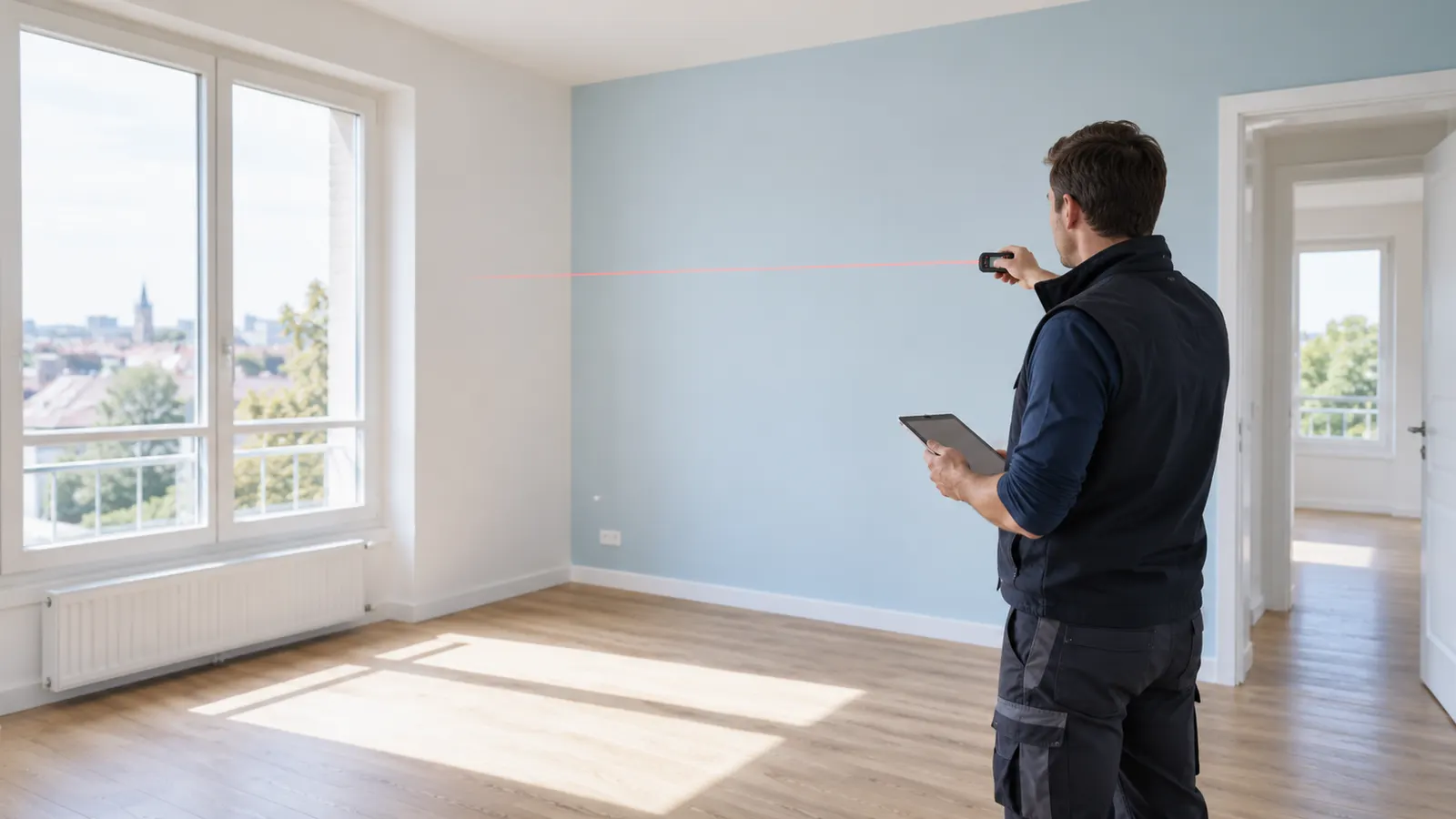 Diagnostiqueur mesurant une pièce dans un appartement